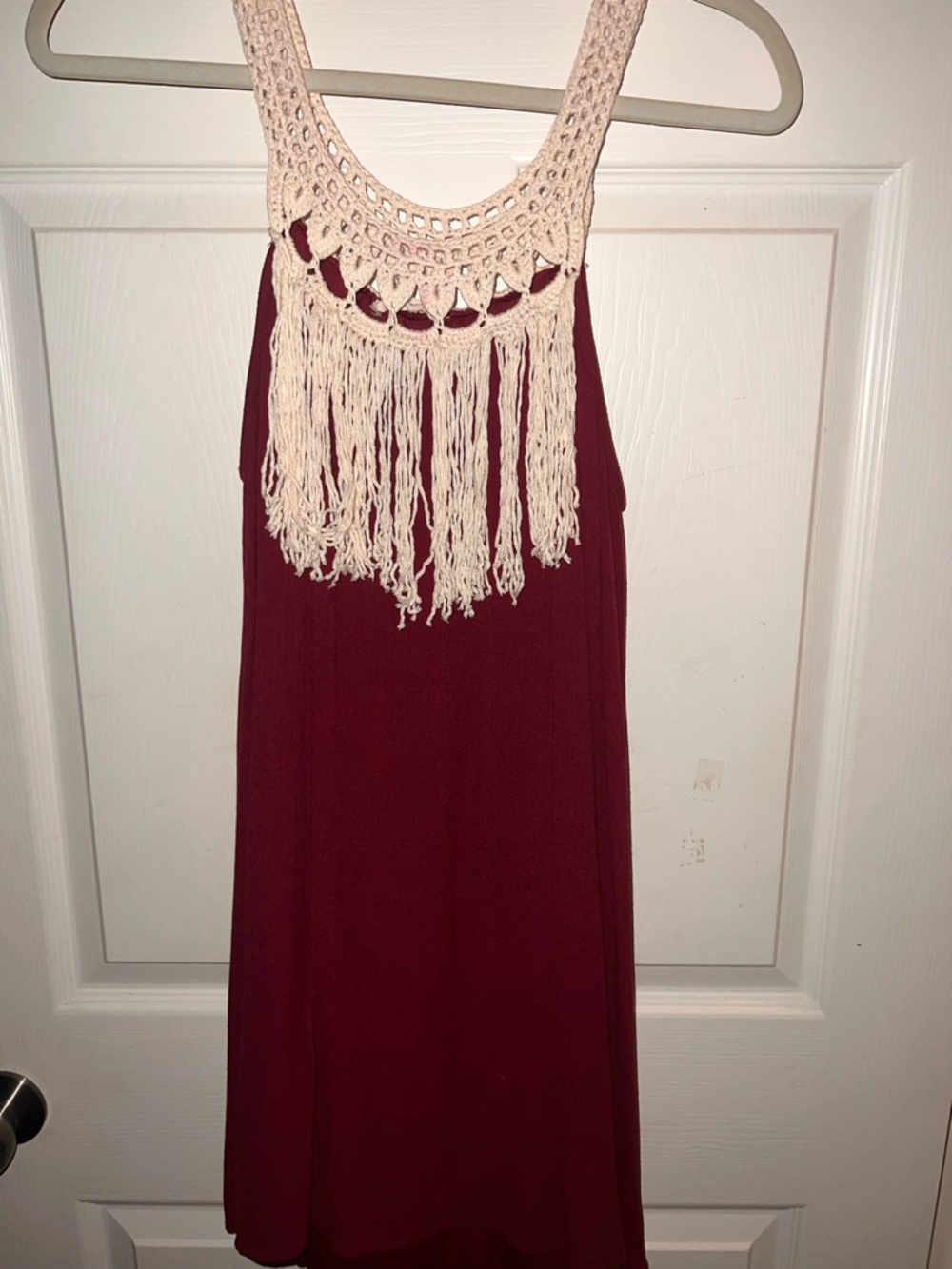 Women's Burgundy Sleeveless Boutique Dress with Crochet Fringe Yoke